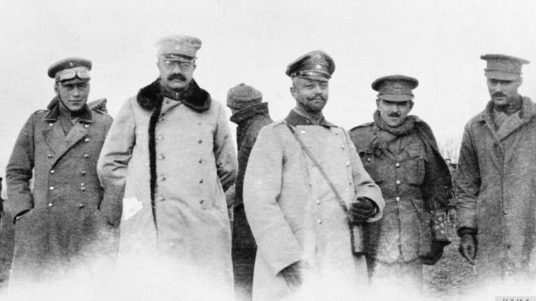 British and German officers meeting in No-Man's Land during the unofficial truce around Christmas in 1914