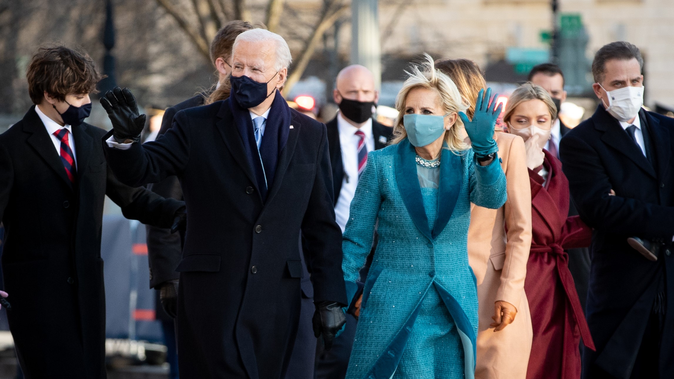 President Joe Biden and his family walk to the White House on Pennsylvania Avenue on January 20, 2021.