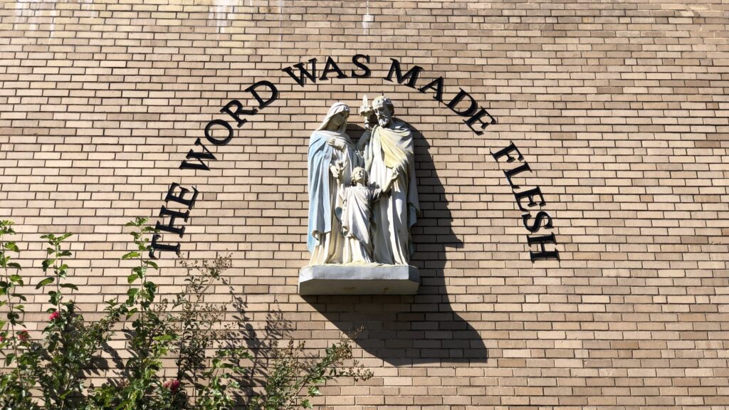 "The Word Was Made Flesh" on the front of the Incarnation St James Catholic School in Ewing Township, Mercer County, New Jersey