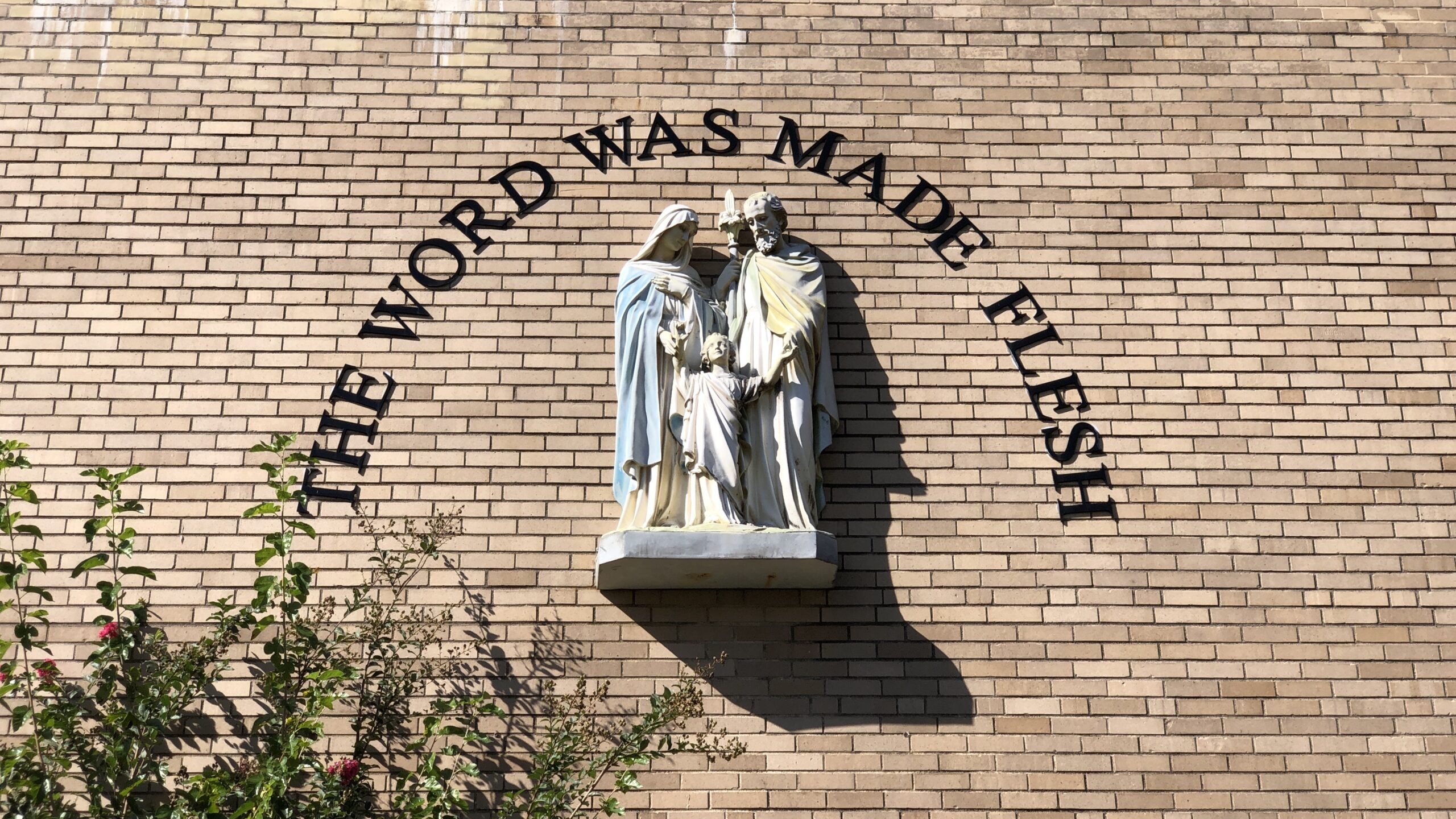 "The Word Was Made Flesh" on the front of the Incarnation St James Catholic School in Ewing Township, Mercer County, New Jersey