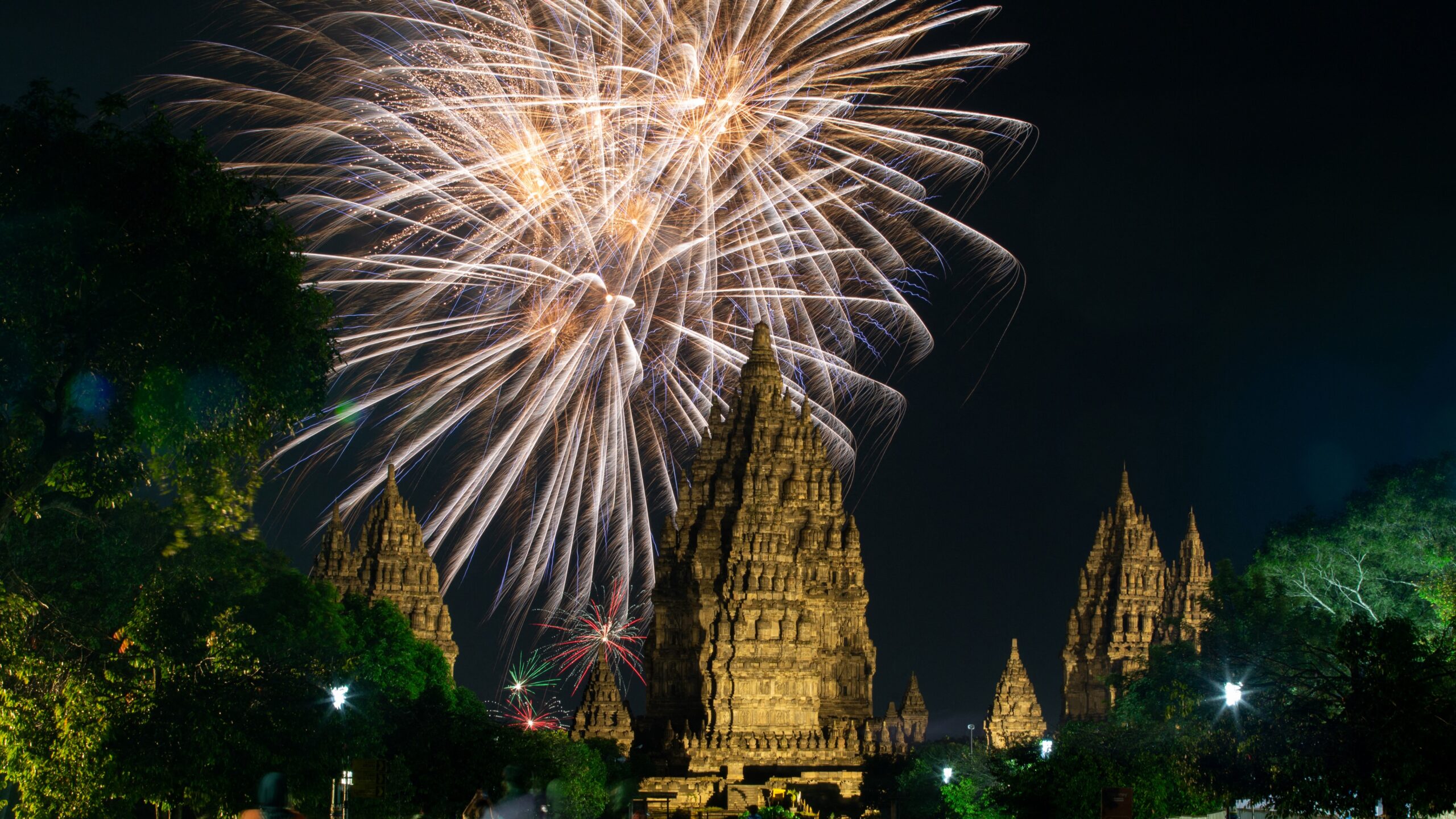 Fireworks light up above Prambanan Temple, a 9th-century Hindu temple complex and UNESCO World Heritage Site in Yogyakarta on 1 January 2025.