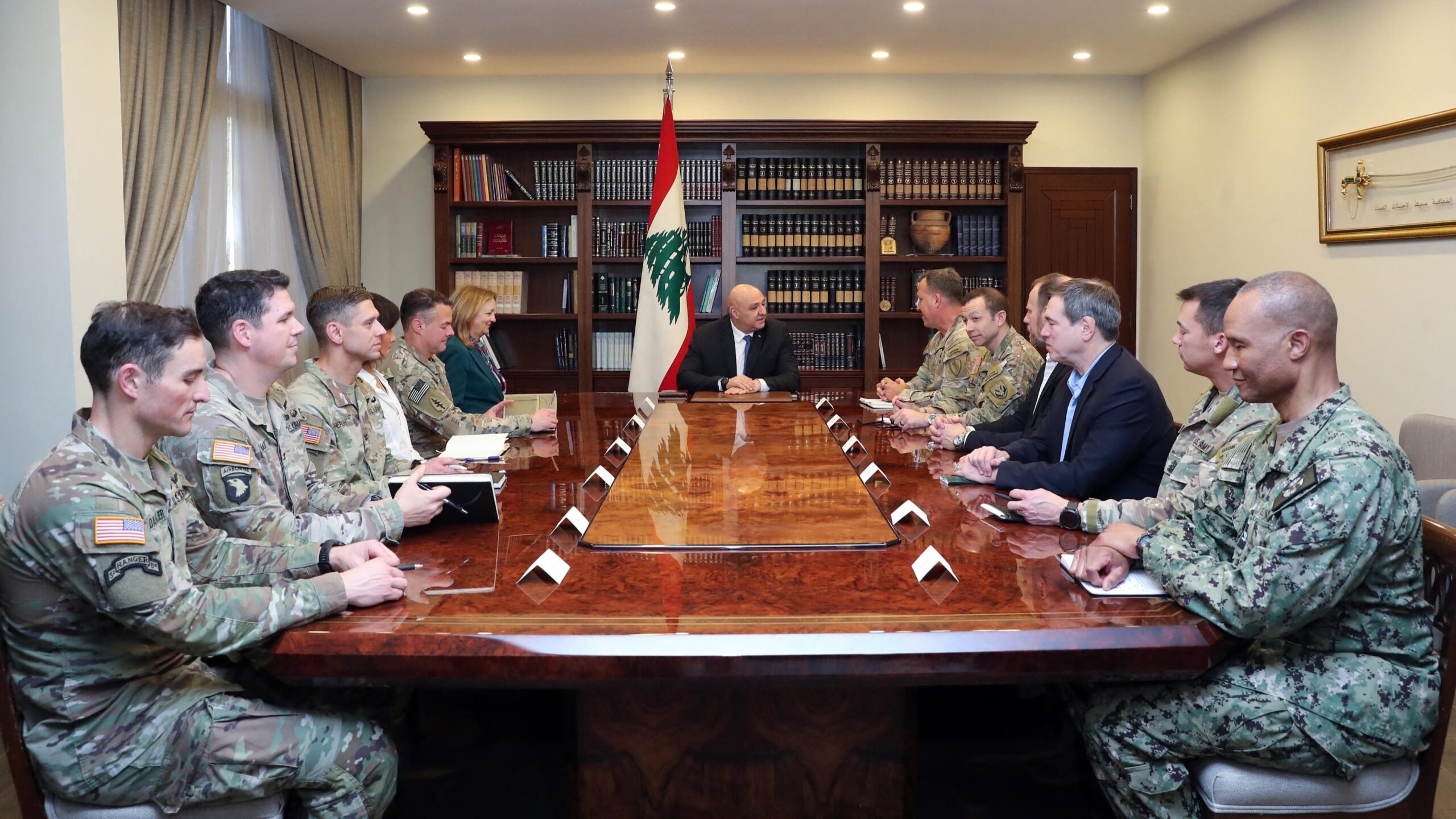 Lebanese President Joseph Aoun meets with the US military delegation led by General Michael Kurilla to discuss the situation in southern Lebanon and military cooperation in Beirut, Lebanon, on 13 January 2025.