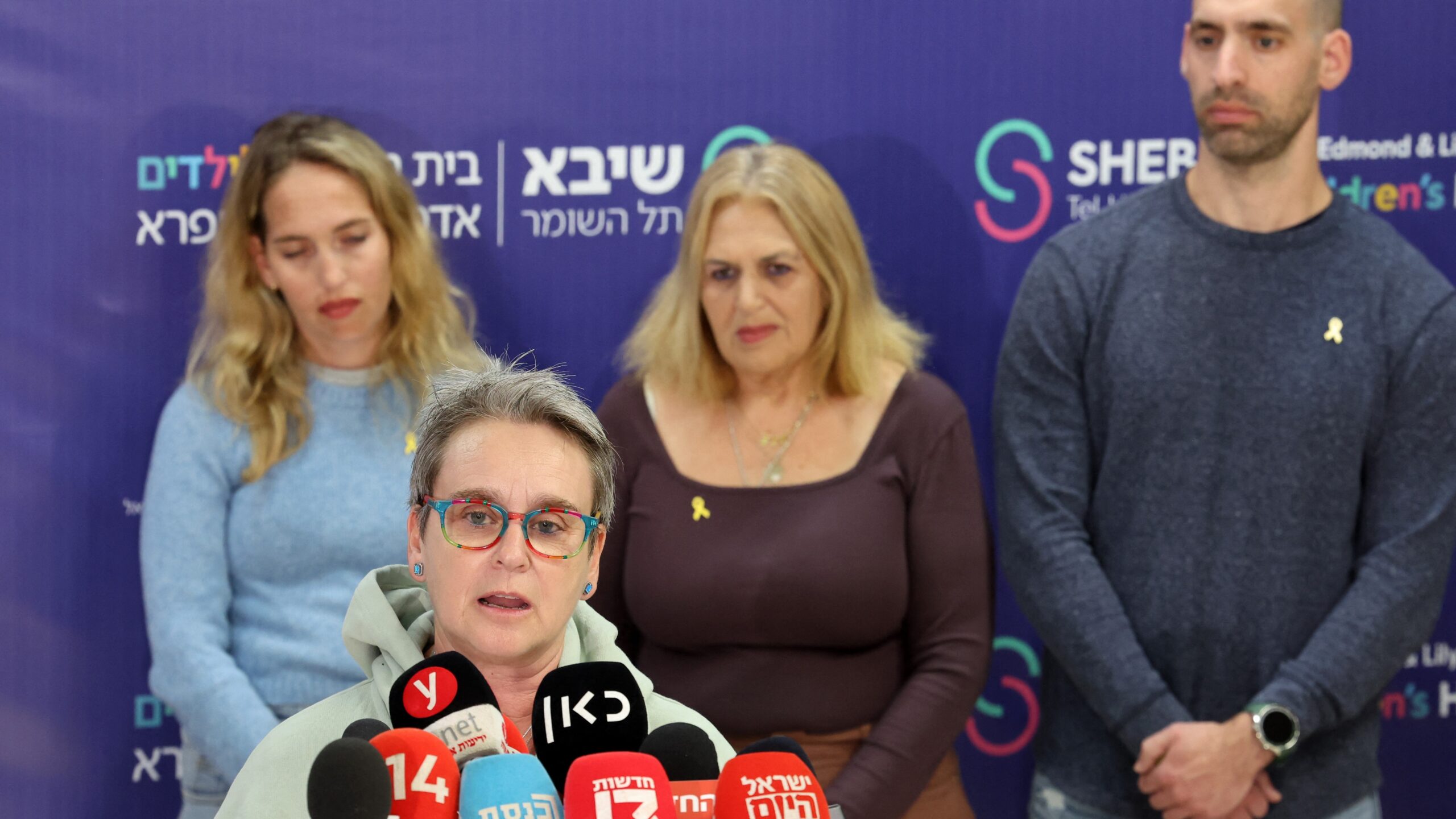 Mandy Damari, the mother of freed hostage Emily Damari, speaks during a press conference at Sheba Tel HaShomer Medical Centre in Ramat Gan on 20 January 2025.