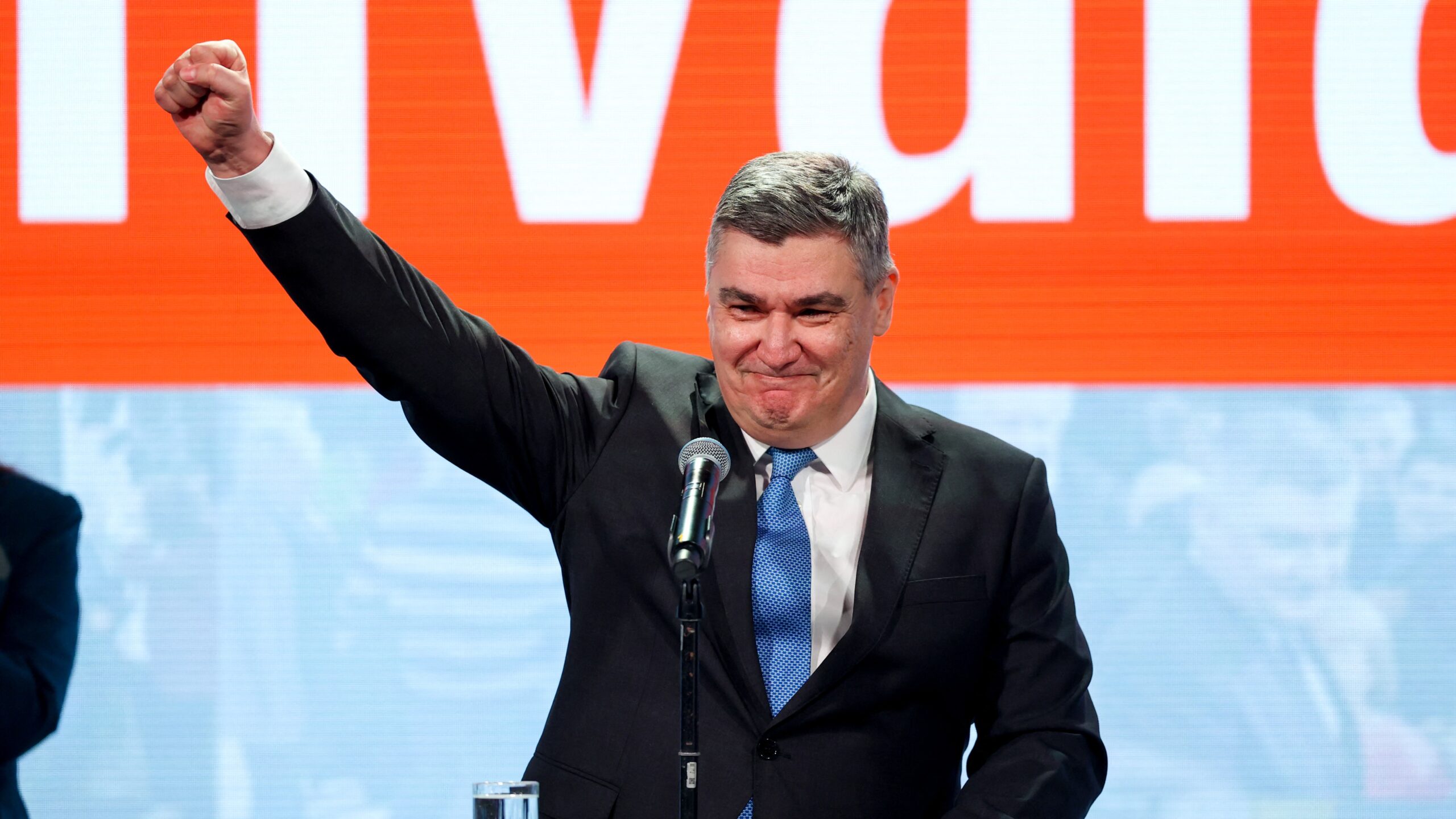 Zoran Milanović gestures during his victory speech in Zagreb on 12 January 2025 after he won the presidential election in a landslide.