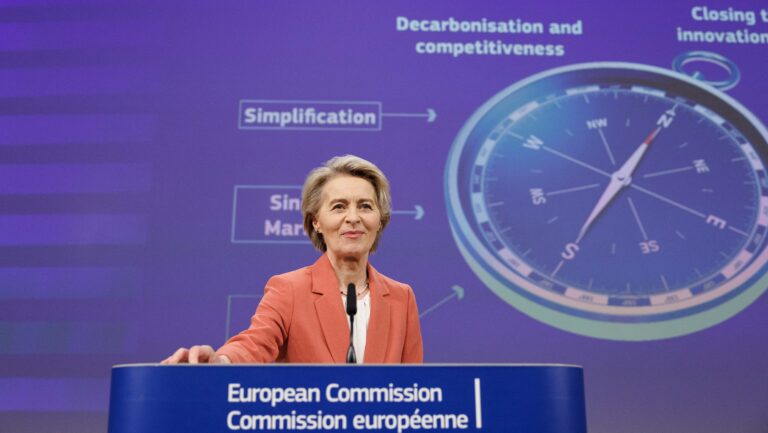 President of the European Commission Ursula von der Leyen gives a press conference at the EU headquarters in Brussels, on 29 January 2025